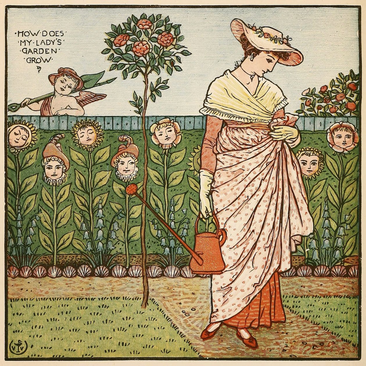 絵画原画（天使のオリーブ&ピーチ）rétro風絵画　薔薇の花，庭園，噴水の絵 わが淑女の庭はいかに育つか、ウォルター・クレインの絵画本より、1889